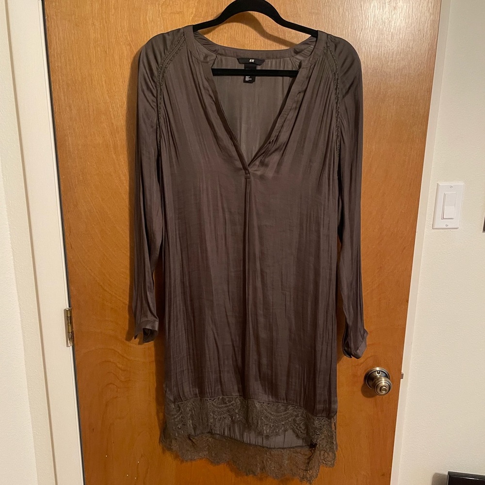 H&M Olive Green Satin/Lace Shift Dress